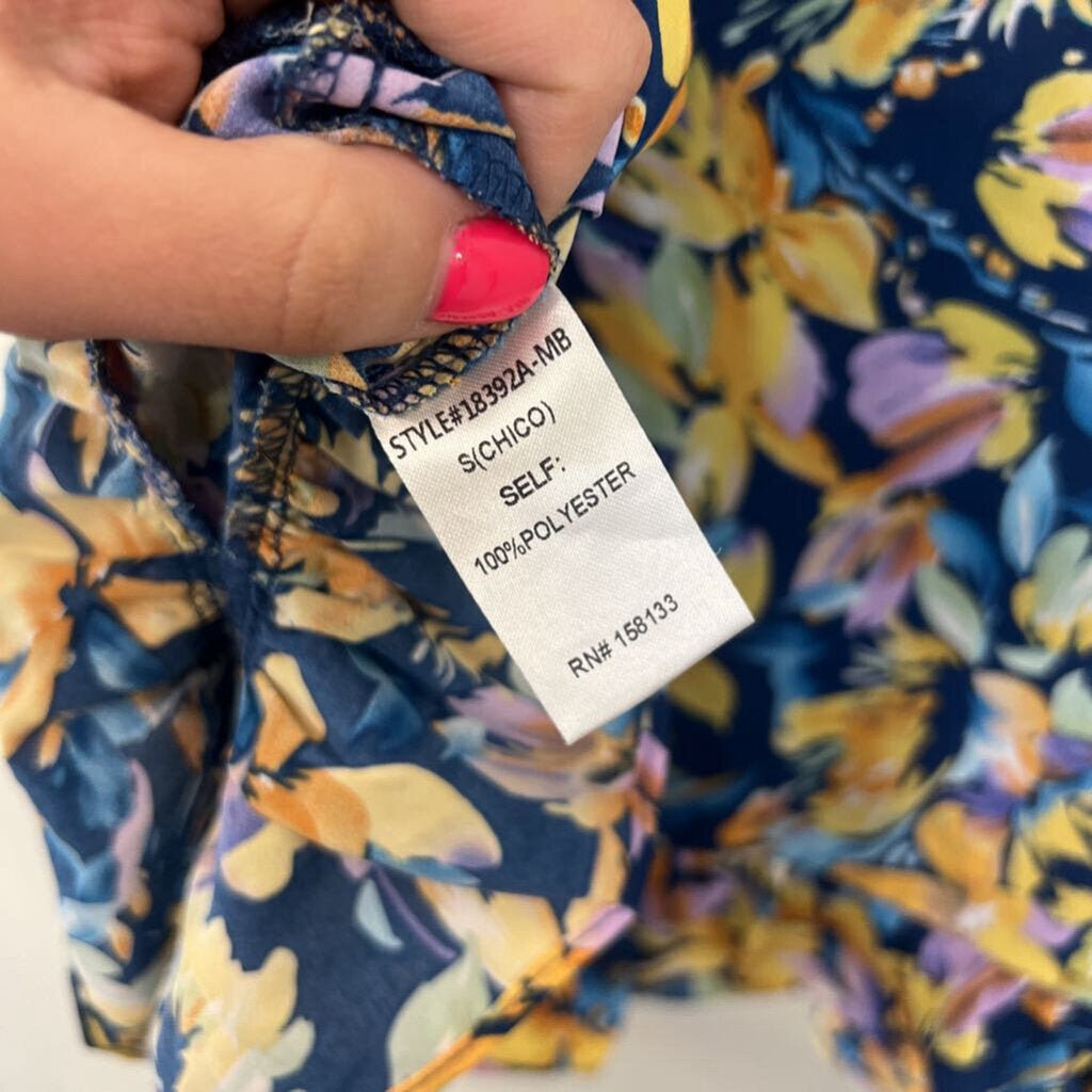 Magnolia Blue/ Yellow Floral Print Ruffle Detail Tank Small