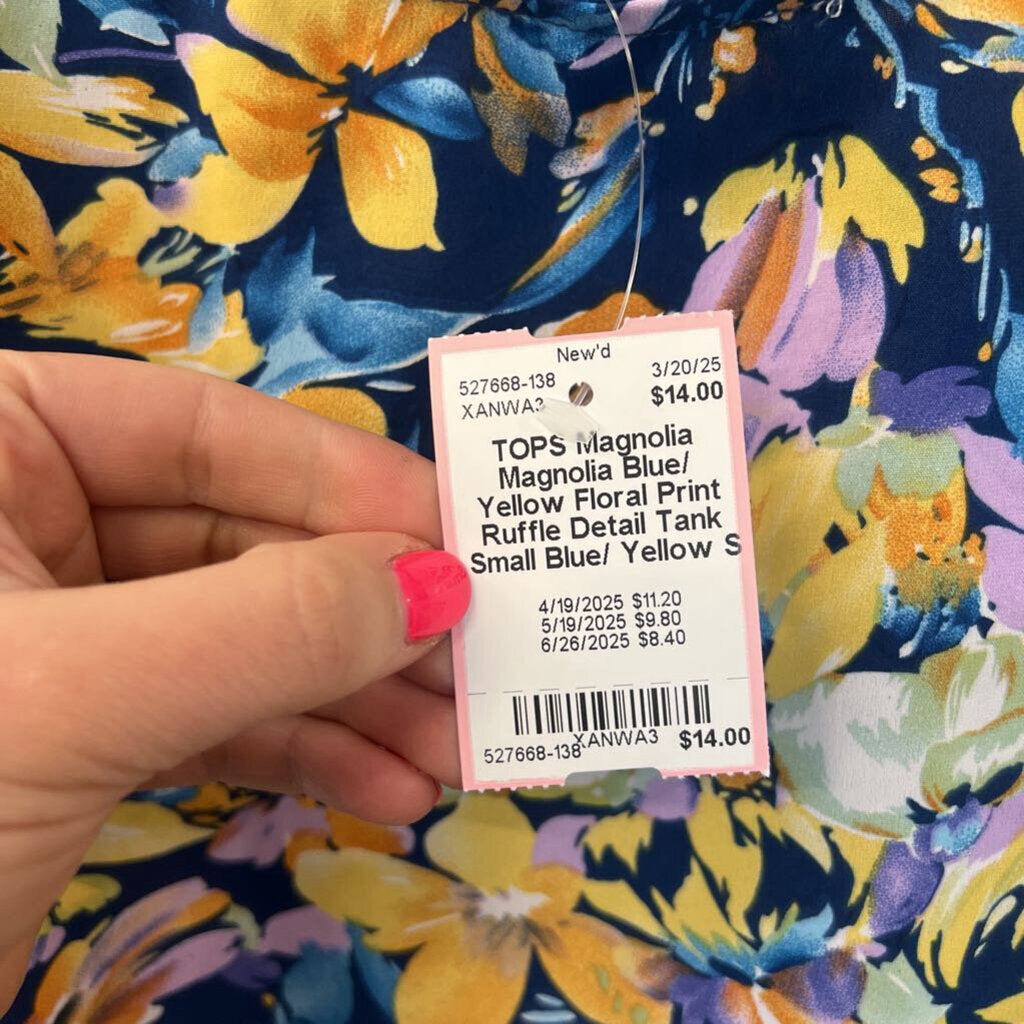 Magnolia Blue/ Yellow Floral Print Ruffle Detail Tank Small