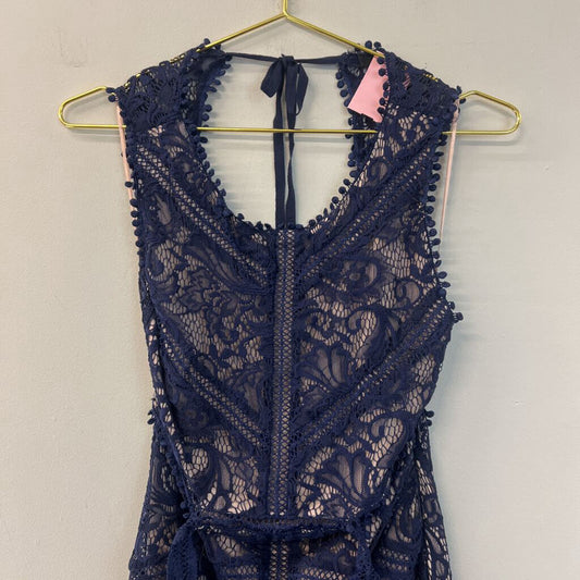 Olivaceous Navy/ Beige Lace Open Back Dress Medium