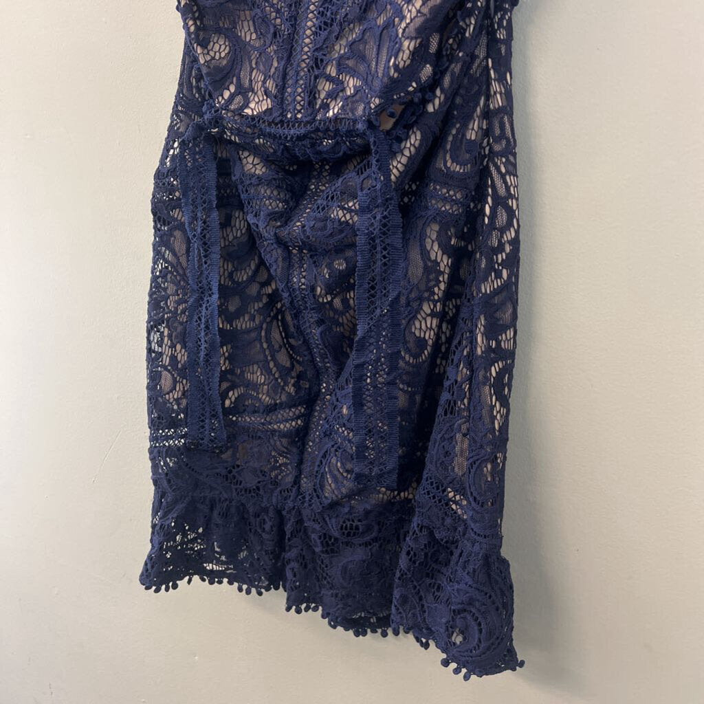 Olivaceous Navy/ Beige Lace Open Back Dress Medium