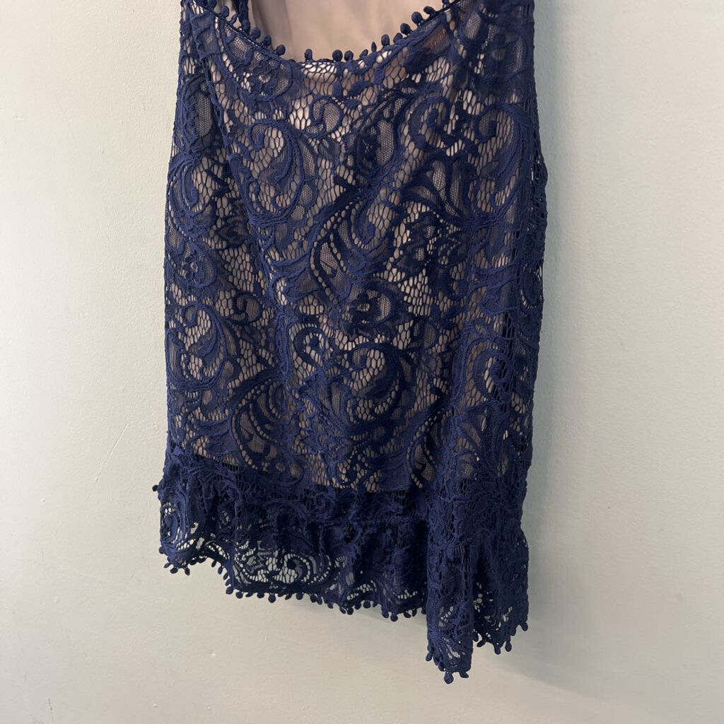 Olivaceous Navy/ Beige Lace Open Back Dress Medium