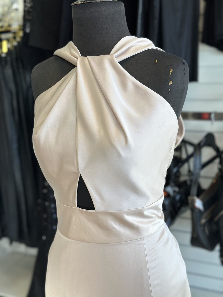 Mon Cherie High Neck Satin Fitted Dress 12