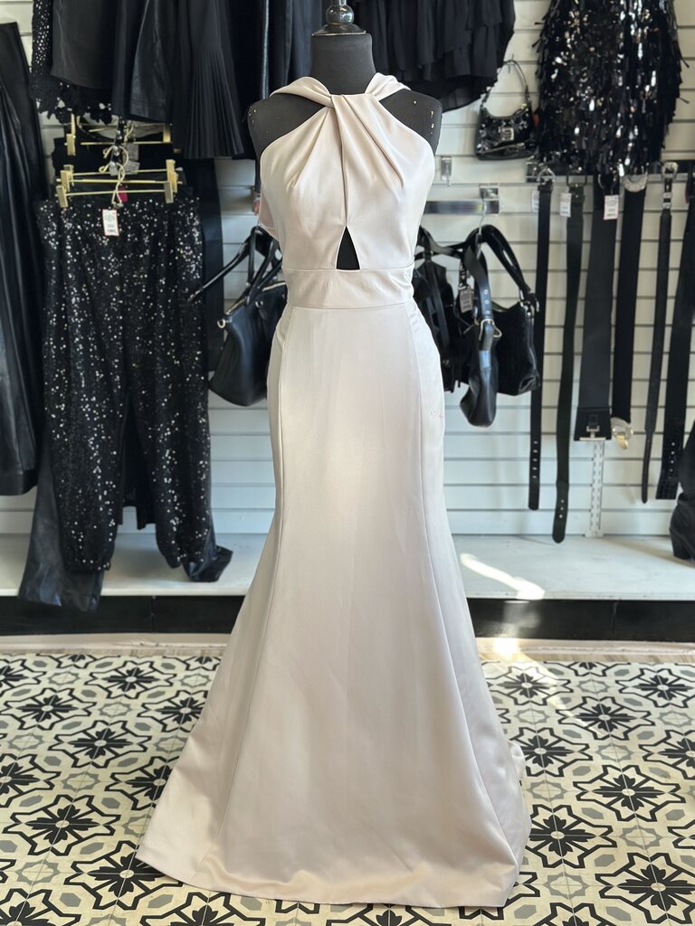 Mon Cherie High Neck Satin Fitted Dress 12