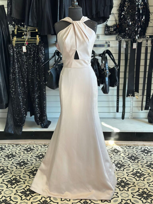 Mon Cherie High Neck Satin Fitted Dress 12