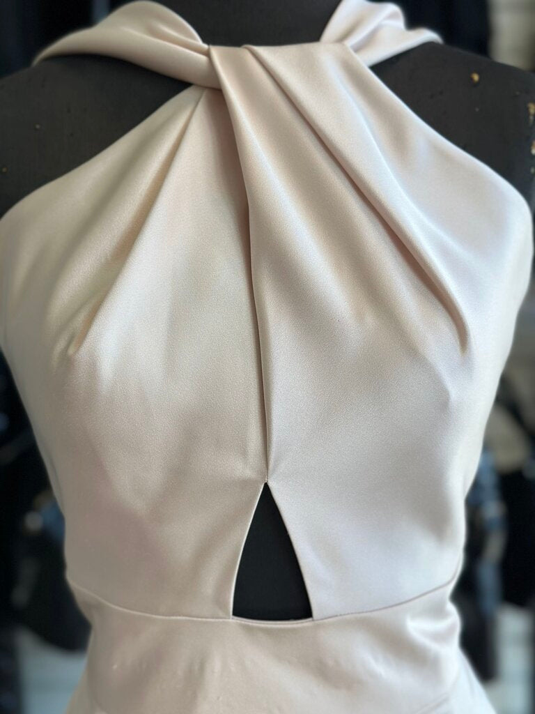 Mon Cherie High Neck Satin Fitted Dress 12