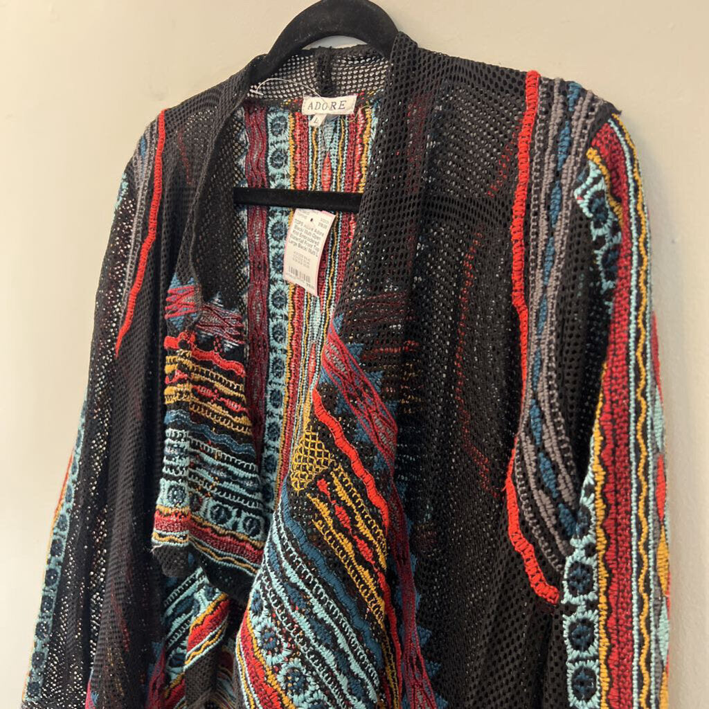 Adore Black/ Multi Open Knit Embroidered Waterfall Front Top Large