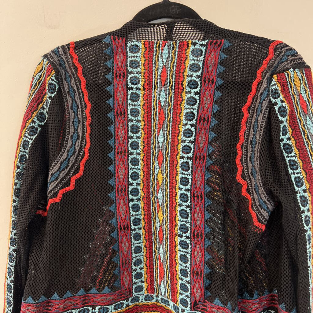 Adore Black/ Multi Open Knit Embroidered Waterfall Front Top Large