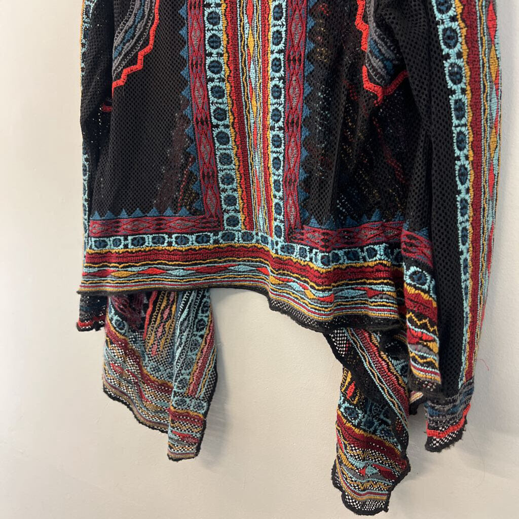 Adore Black/ Multi Open Knit Embroidered Waterfall Front Top Large