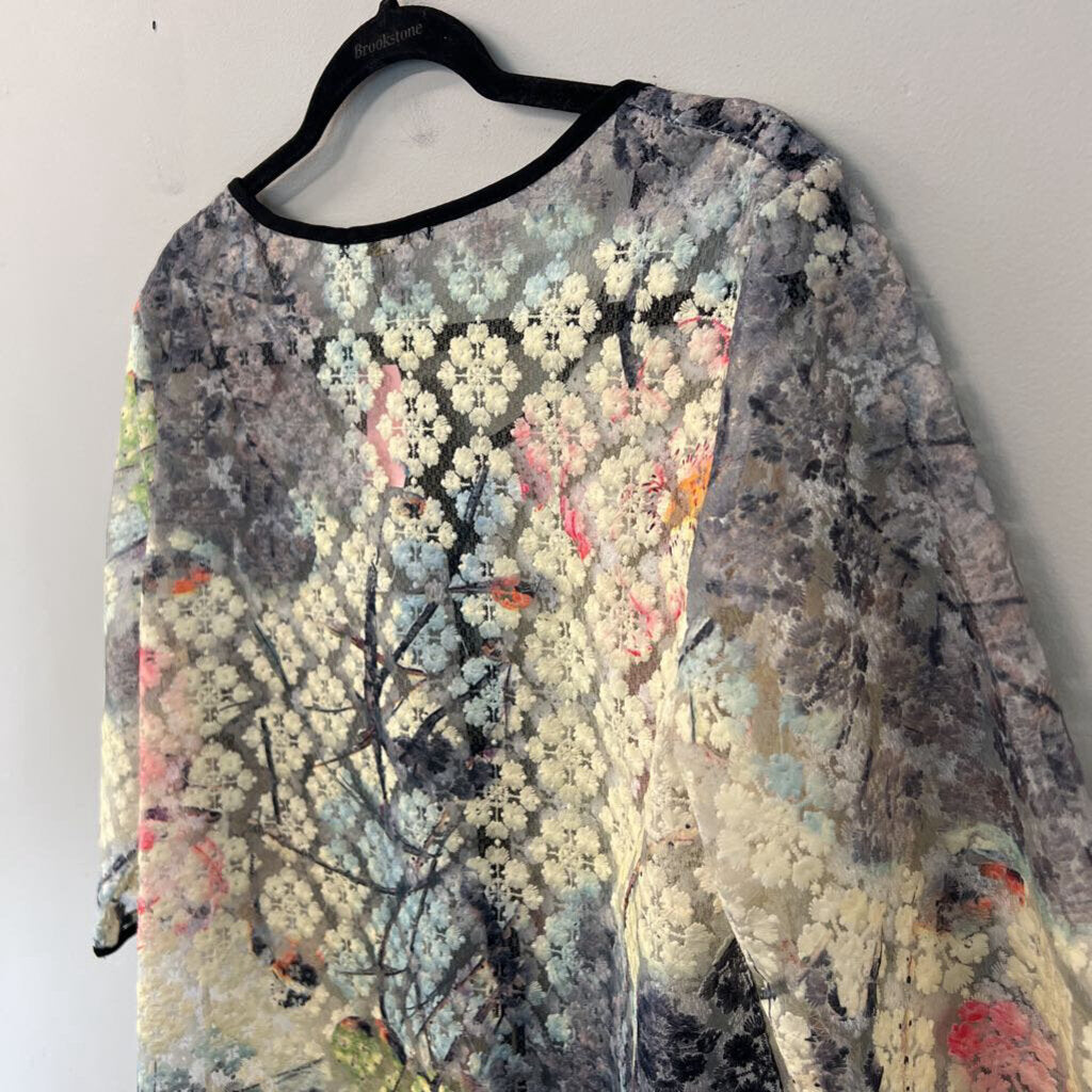 Radzoli Cream/ Multi Black Trim Sheer Jacket Top Large