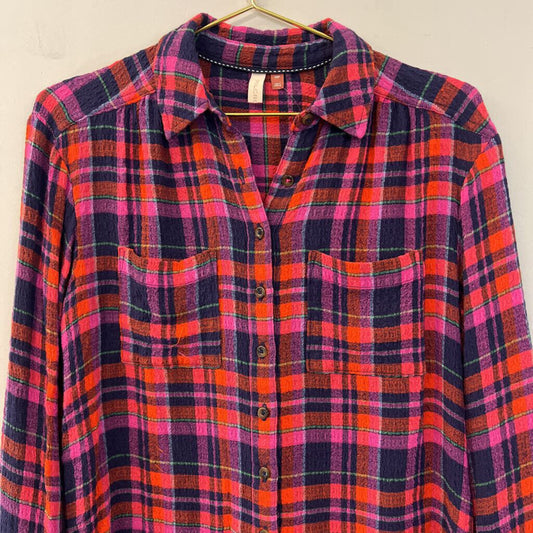 Pilcro Anthropologie Red/ Navy Plaid Long Sleeve Button Down Top Extra Small Petite
