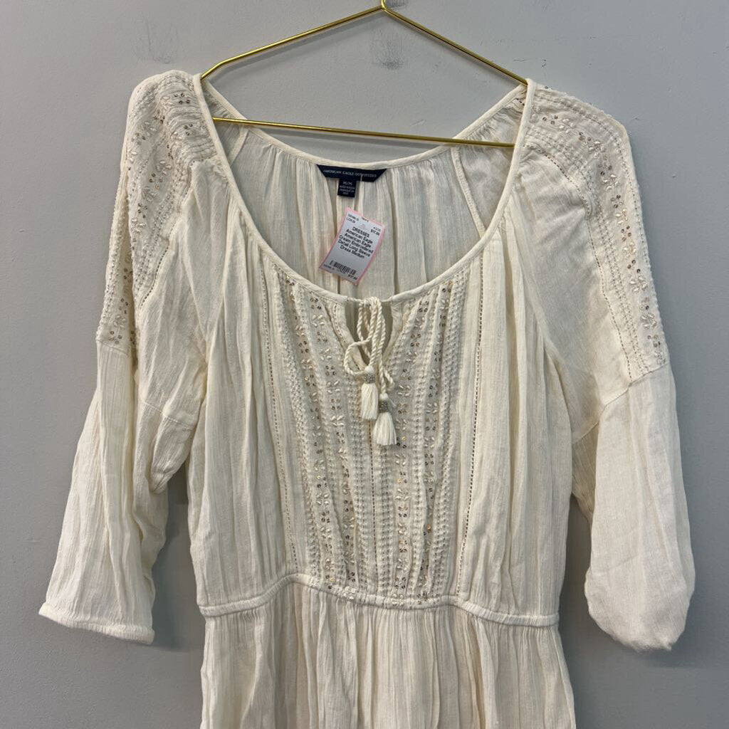 American Eagle Cream Embroidered Detail Long Sleeve Dress Medium