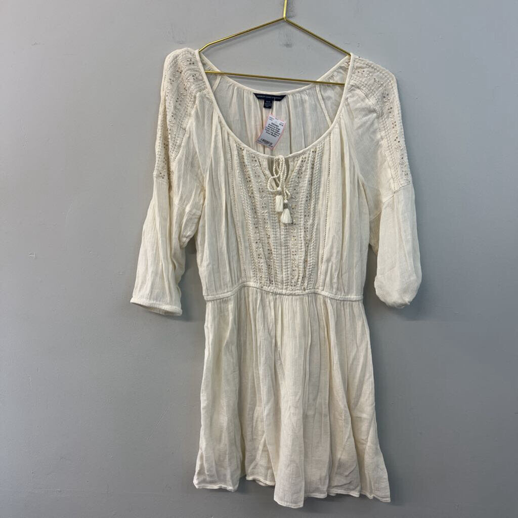 American Eagle Cream Embroidered Detail Long Sleeve Dress Medium