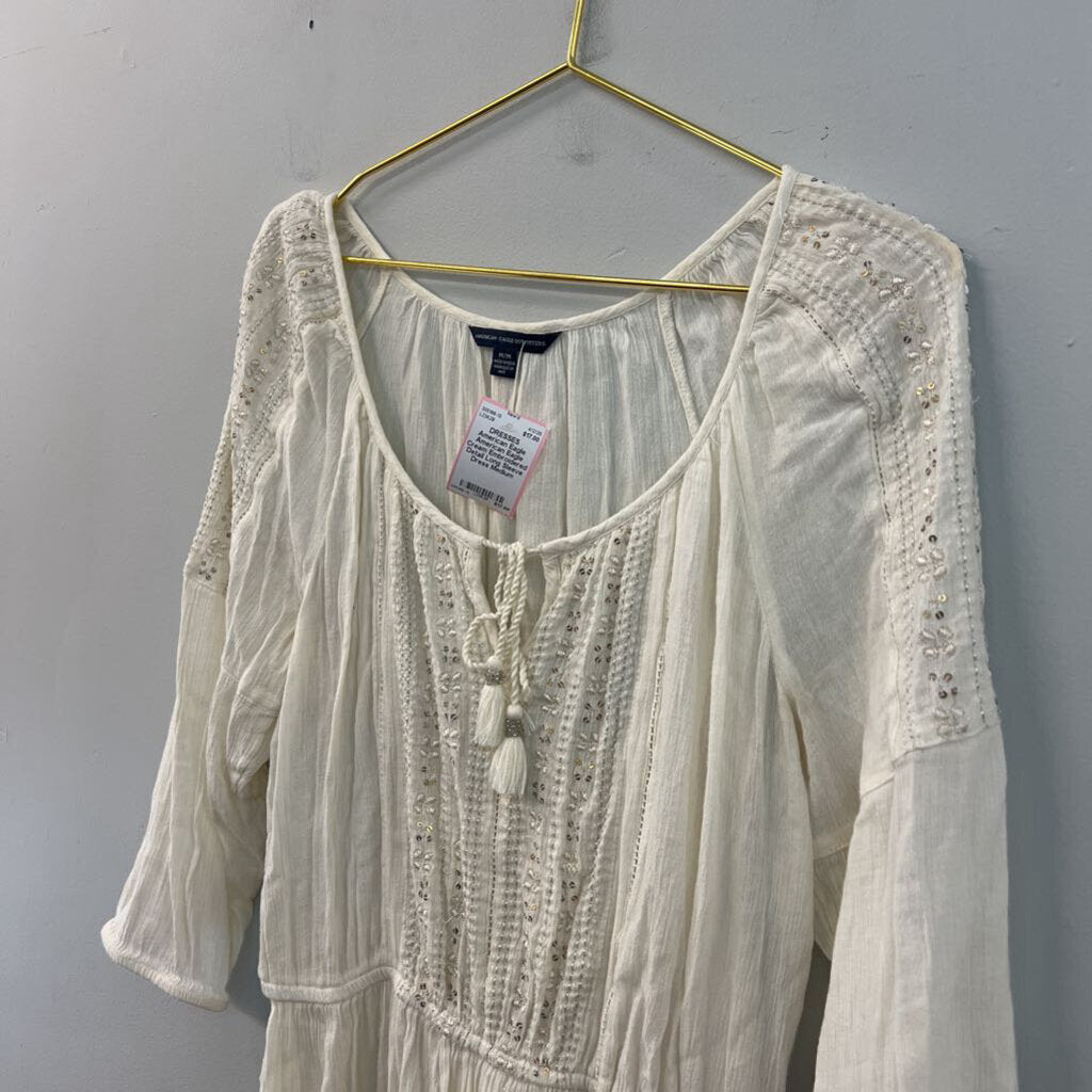 American Eagle Cream Embroidered Detail Long Sleeve Dress Medium