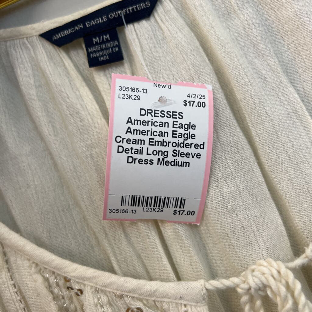 American Eagle Cream Embroidered Detail Long Sleeve Dress Medium