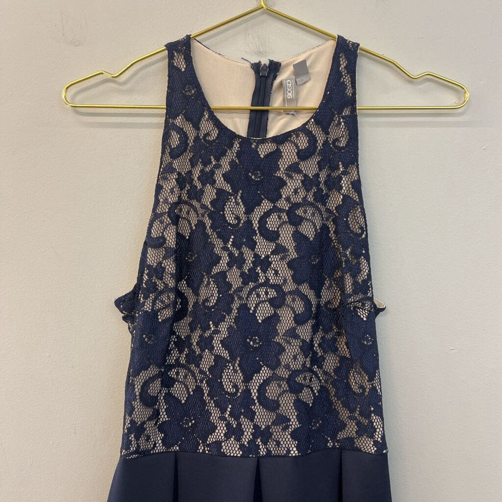 Asos Navy/ Beige Lace Top Midi Dress 6