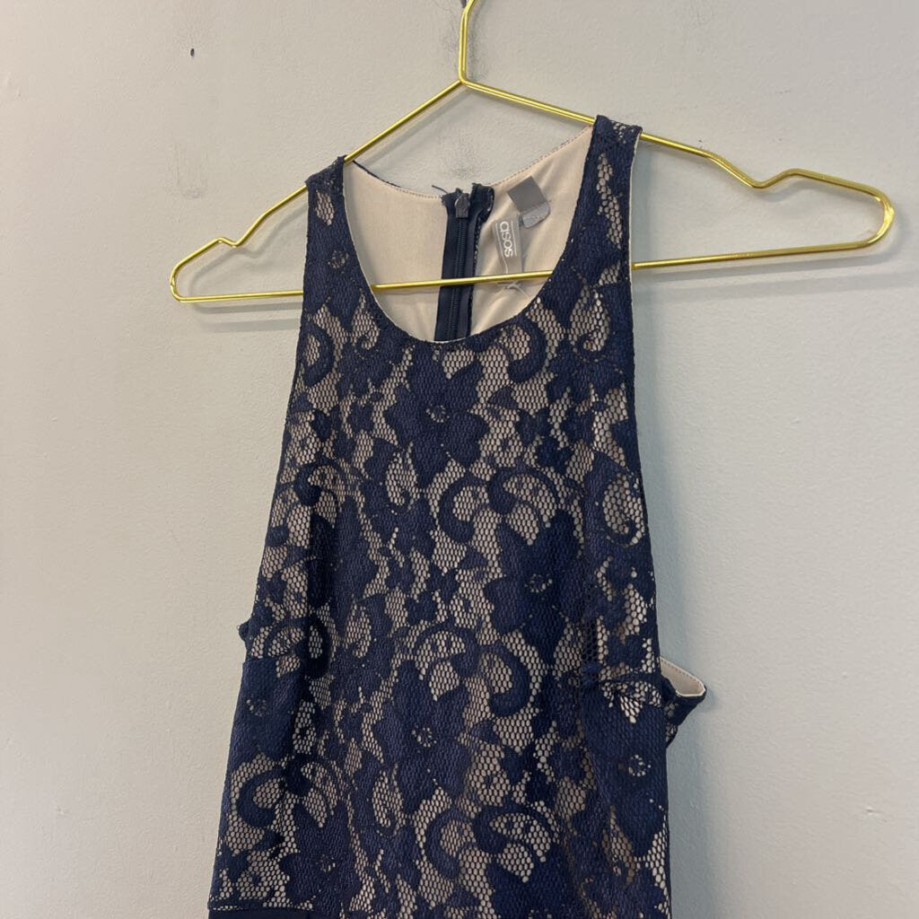 Asos Navy/ Beige Lace Top Midi Dress 6
