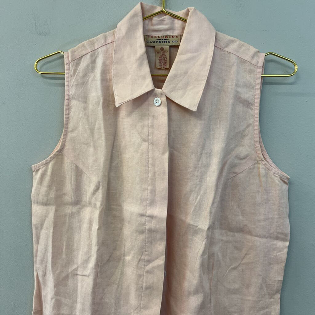 Vintage Telluride Pink 100% Linen Sleeveless Button Down Top 8