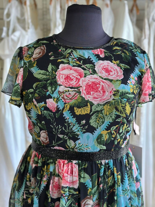 Mac Duggal Black/ Multi Floral Short Sleeve Midi Dress 16