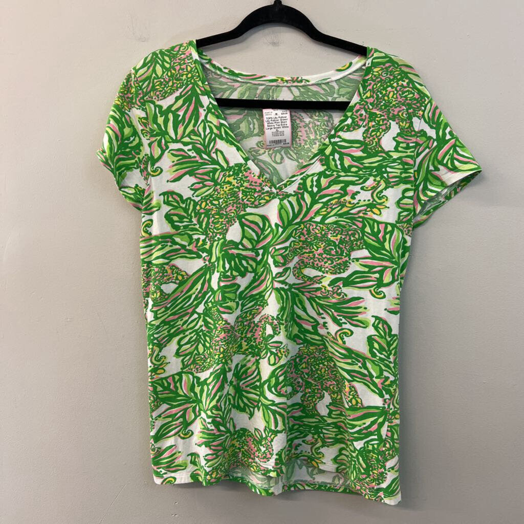 Lilly Pulitzer Green/ White Print Short Sleeve Top Extra Large