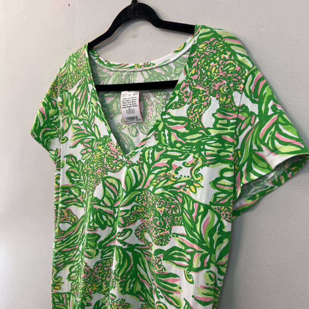 Lilly Pulitzer Green/ White Print Short Sleeve Top Extra Large