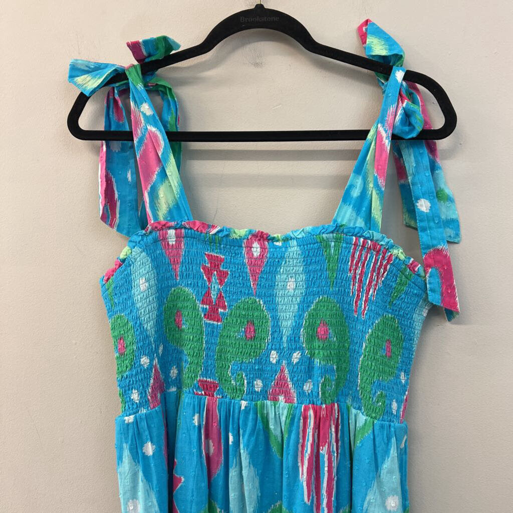 Crown and Ivy Blue/ Multi Prink Smocked Top Maxi Dress Large