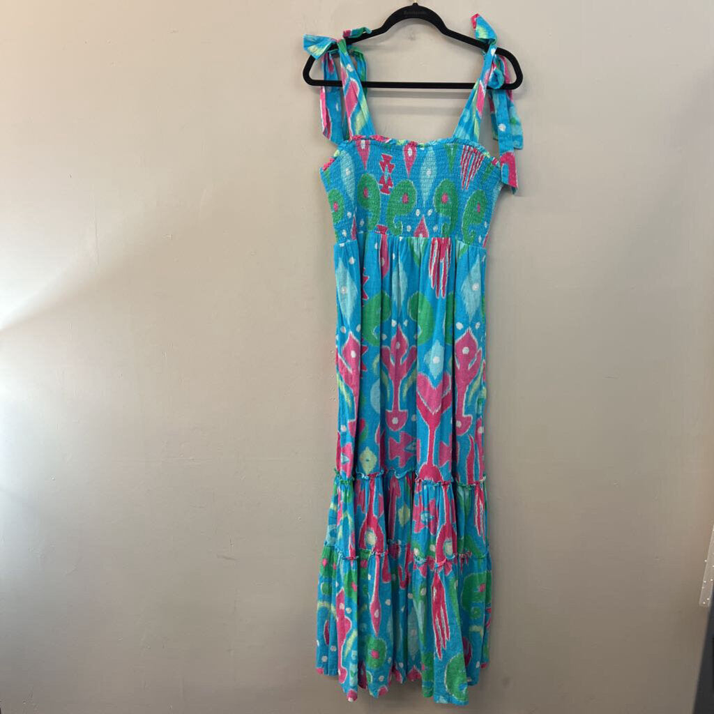 Crown and Ivy Blue/ Multi Prink Smocked Top Maxi Dress Large