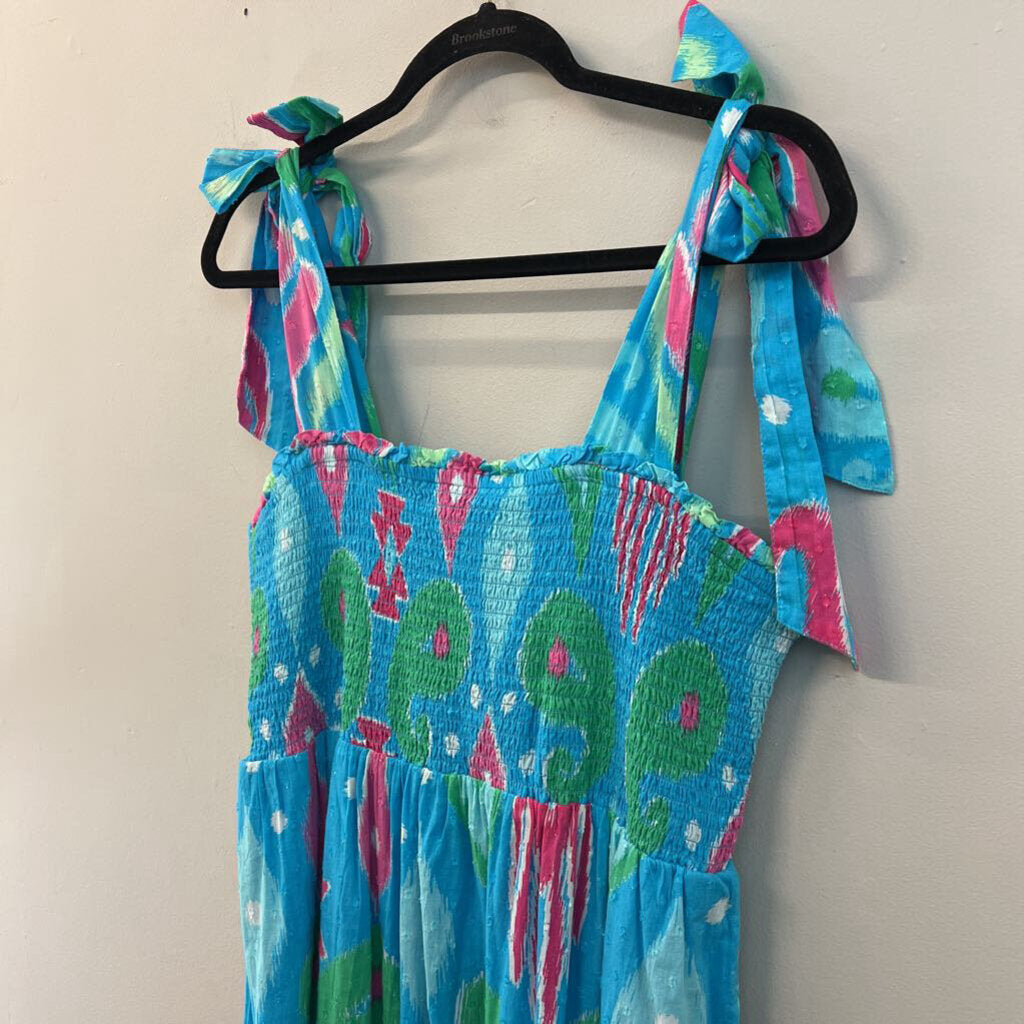 Crown and Ivy Blue/ Multi Prink Smocked Top Maxi Dress Large