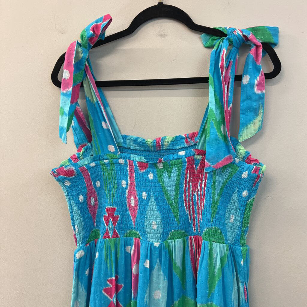 Crown and Ivy Blue/ Multi Prink Smocked Top Maxi Dress Large