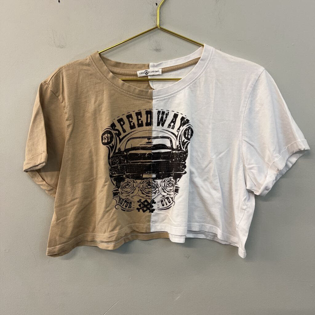 Love and Lazy Days White/ Brown Short Sleeve Cropped Speedway Graphic Tee Small