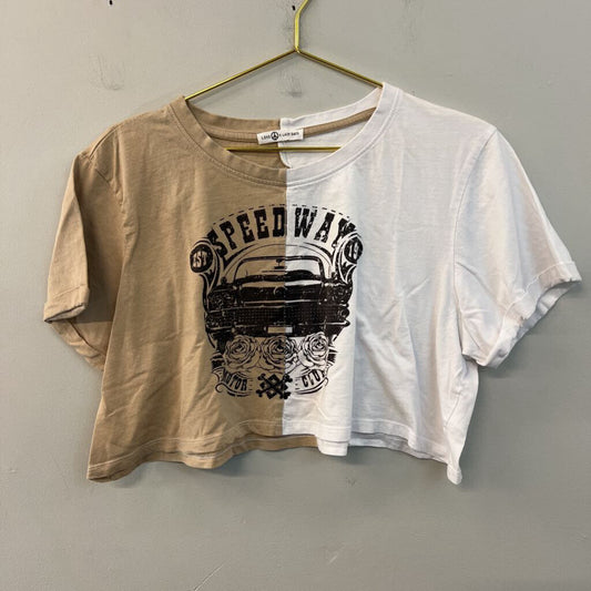 Love and Lazy Days White/ Brown Short Sleeve Cropped Speedway Graphic Tee Small