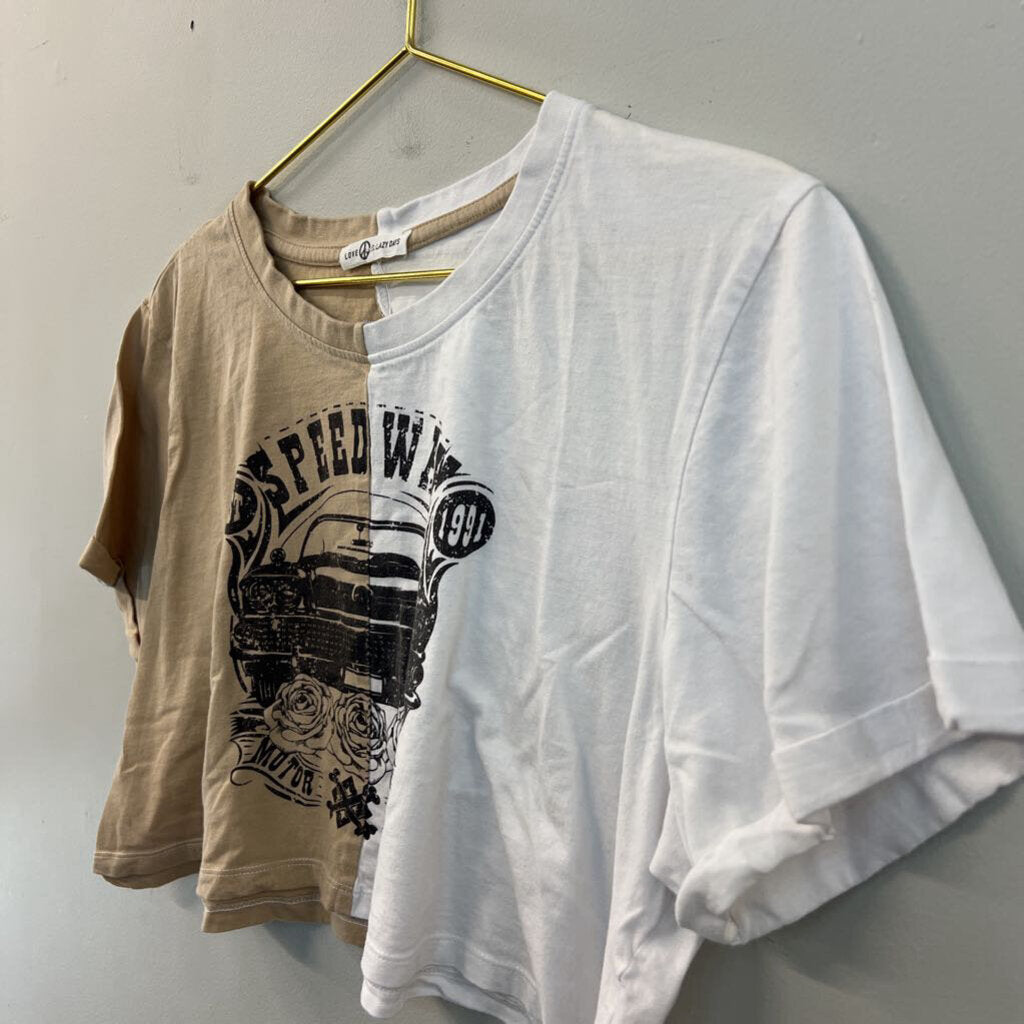 Love and Lazy Days White/ Brown Short Sleeve Cropped Speedway Graphic Tee Small