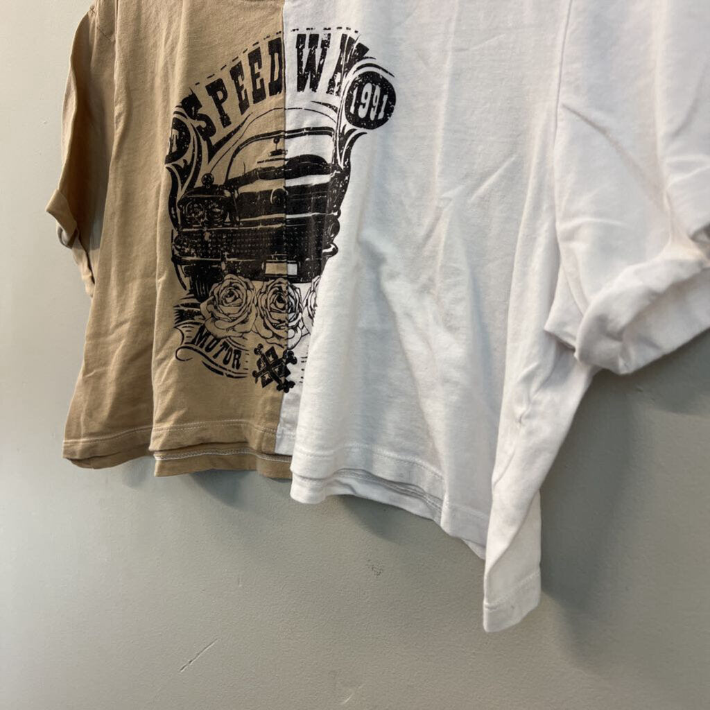 Love and Lazy Days White/ Brown Short Sleeve Cropped Speedway Graphic Tee Small