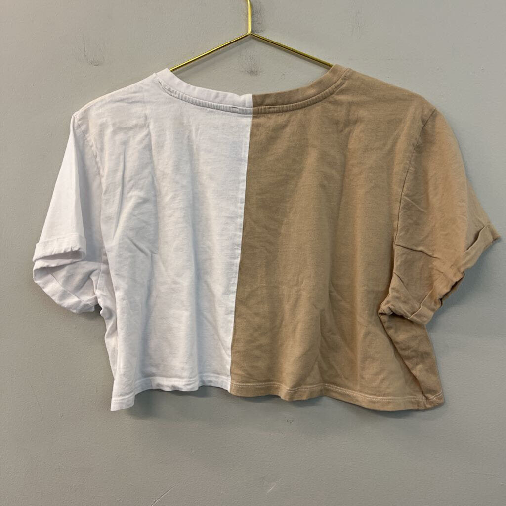 Love and Lazy Days White/ Brown Short Sleeve Cropped Speedway Graphic Tee Small