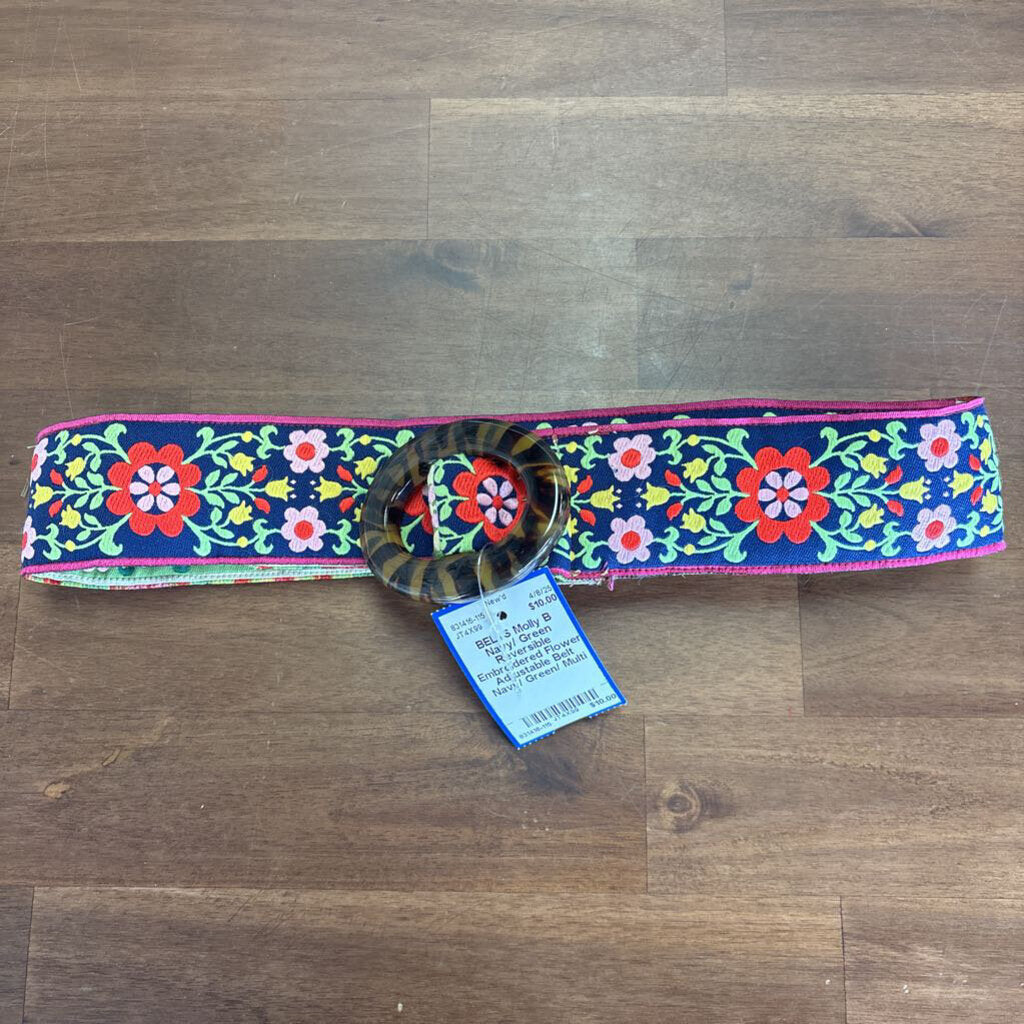 Navy/ Green Reversible Embroidered Flower Adjustable Belt