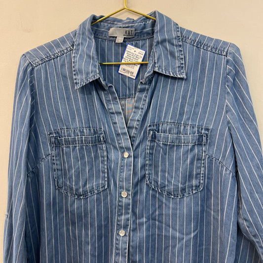 KUT Blue/ White Striped Chambray Long Sleeve Button Down Top Medium