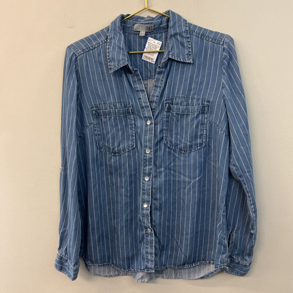 KUT Blue/ White Striped Chambray Long Sleeve Button Down Top Medium