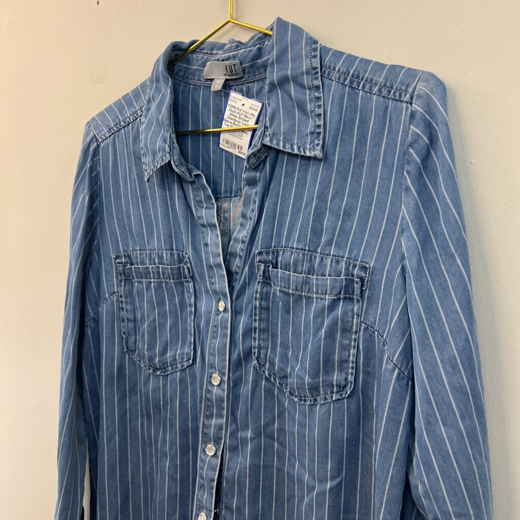 KUT Blue/ White Striped Chambray Long Sleeve Button Down Top Medium