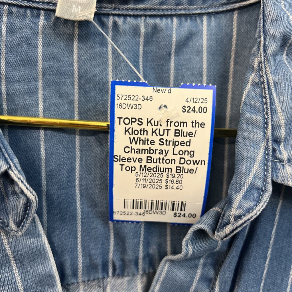 KUT Blue/ White Striped Chambray Long Sleeve Button Down Top Medium