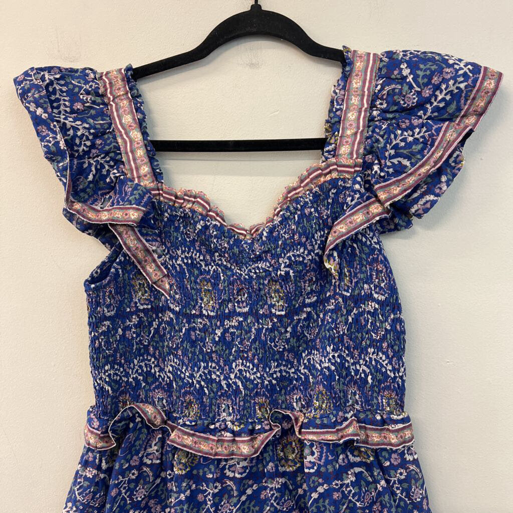 Sea New York Blue/ Multi Print Tiered Skirt Smocked Top Dress Medium