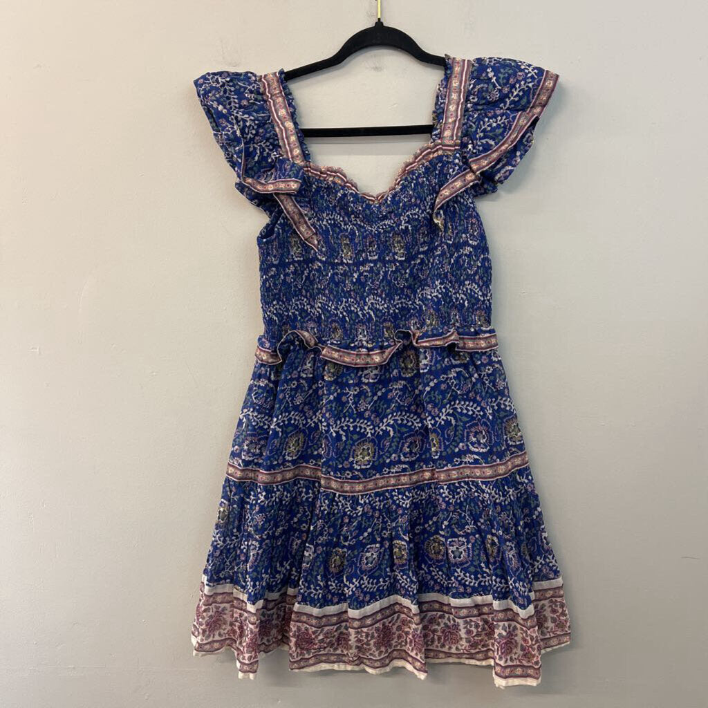 Sea New York Blue/ Multi Print Tiered Skirt Smocked Top Dress Medium