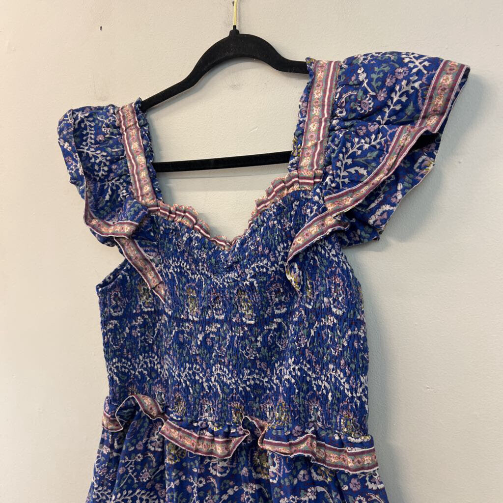Sea New York Blue/ Multi Print Tiered Skirt Smocked Top Dress Medium
