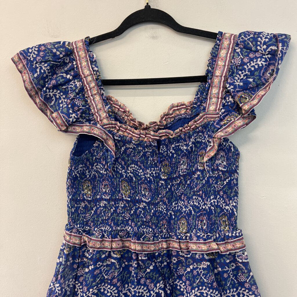 Sea New York Blue/ Multi Print Tiered Skirt Smocked Top Dress Medium
