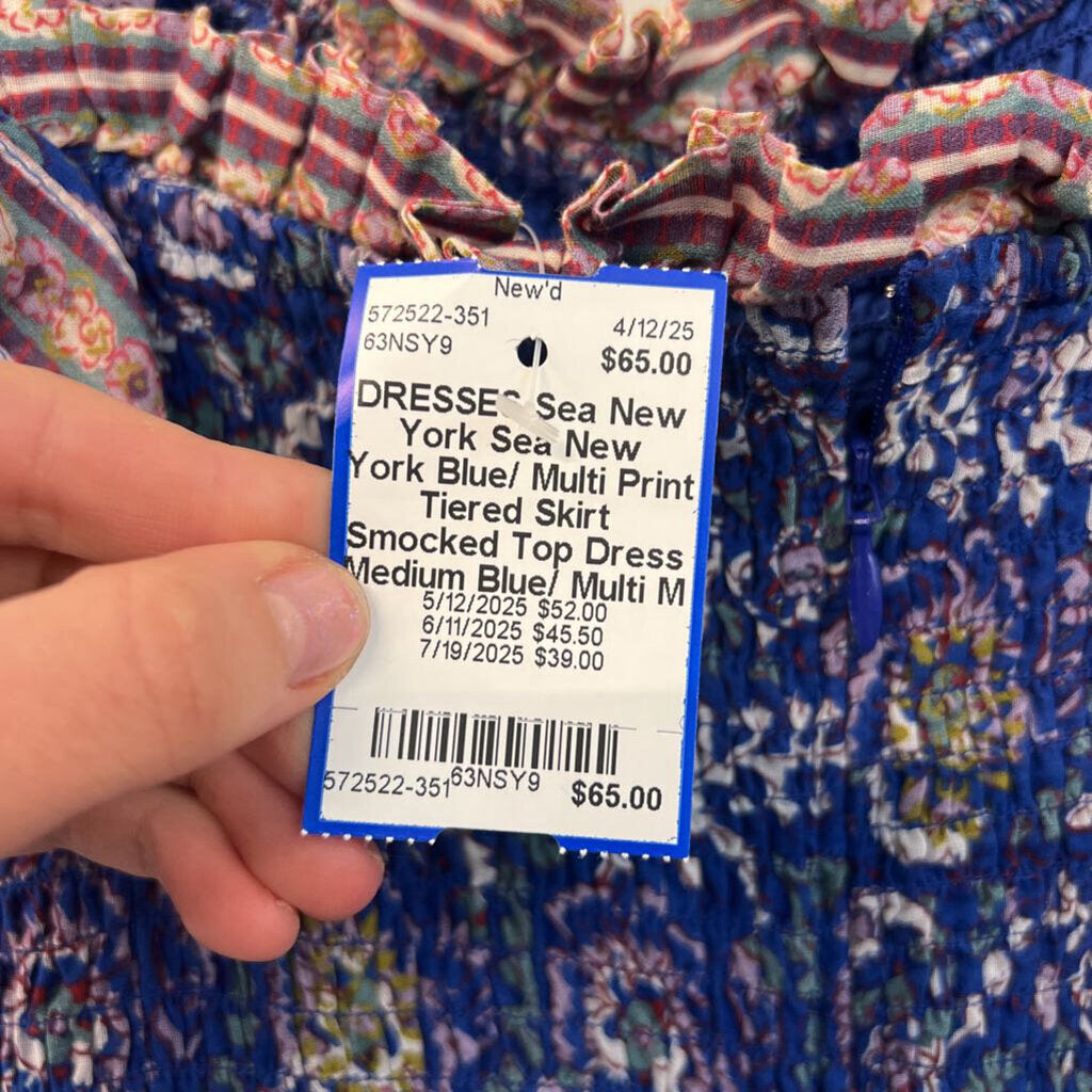 Sea New York Blue/ Multi Print Tiered Skirt Smocked Top Dress Medium