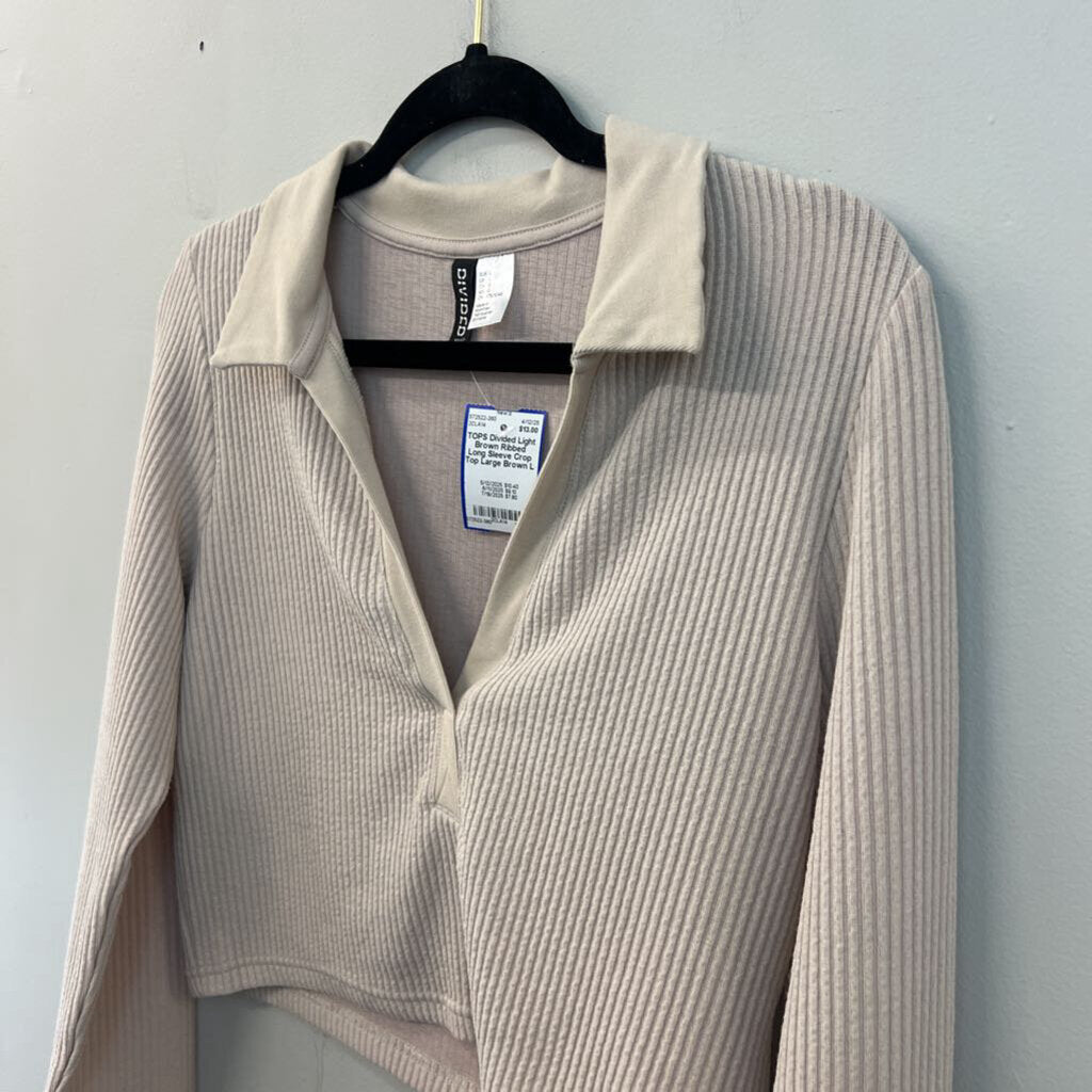 Light Brown Ribbed Long Sleeve Crop Top Large