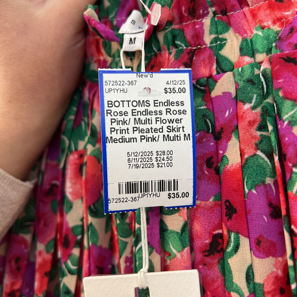 Endless Rose Pink/ Multi Flower Print Pleated Skirt Medium
