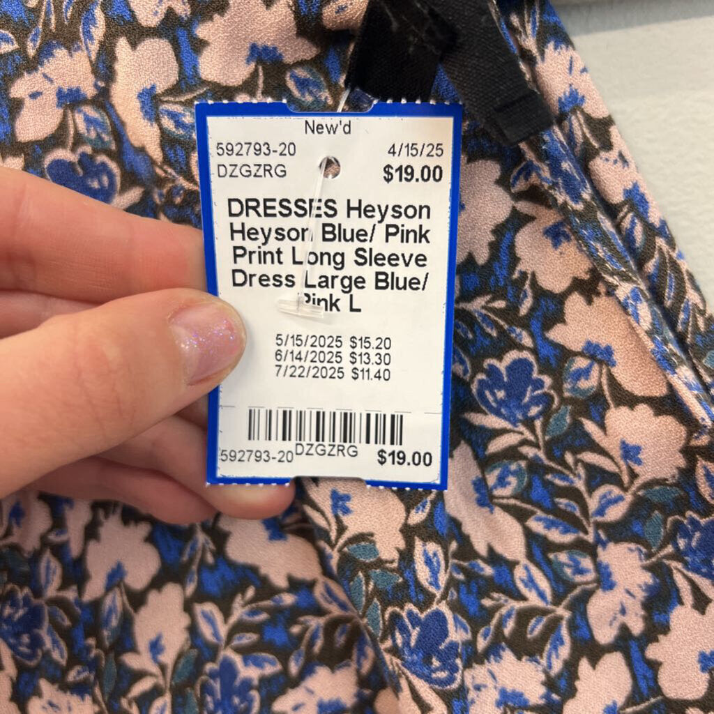 Heyson Blue/ Pink Print Long Sleeve Dress Large