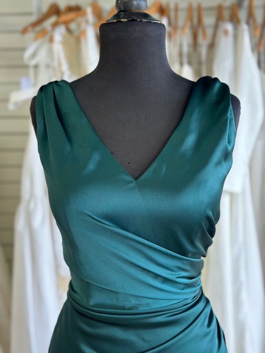 Revelry Dark Green Silky Ruched Detail Long Formal Dress 10