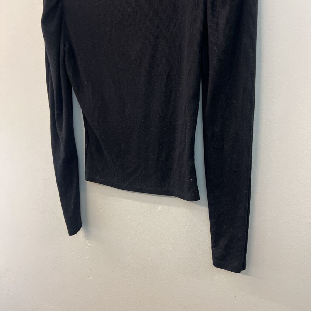 Mi Ami Black Ribbed Long Puff Shoulder Sleeve Cropped Top Small