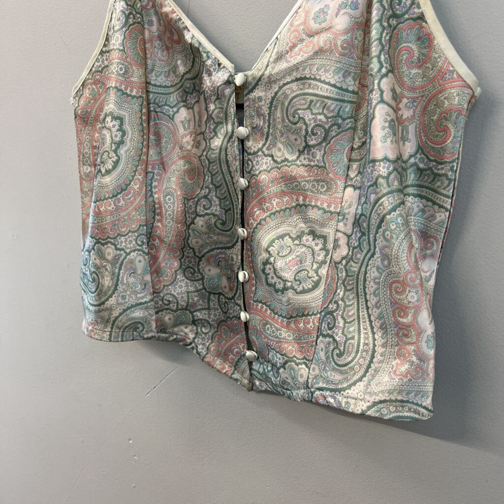 Victoria's Secret Cream/ Multi Silky Paisley Print Button Front Tank Medium