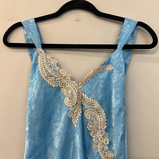 Vintage Victoria's Secret Blue/ Gold Silky Paisley Print Lace Detail Slip Dress Small